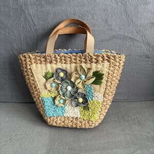 Vintage Straw Tote Handbag Embroidered Flowers Basket Purse